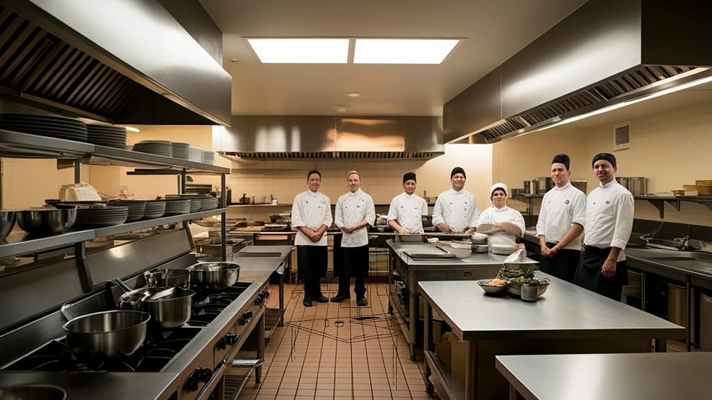 Australian café kitchen summer layout showing ventilation path and Class 4 glass-door fridges away from cookline heat
