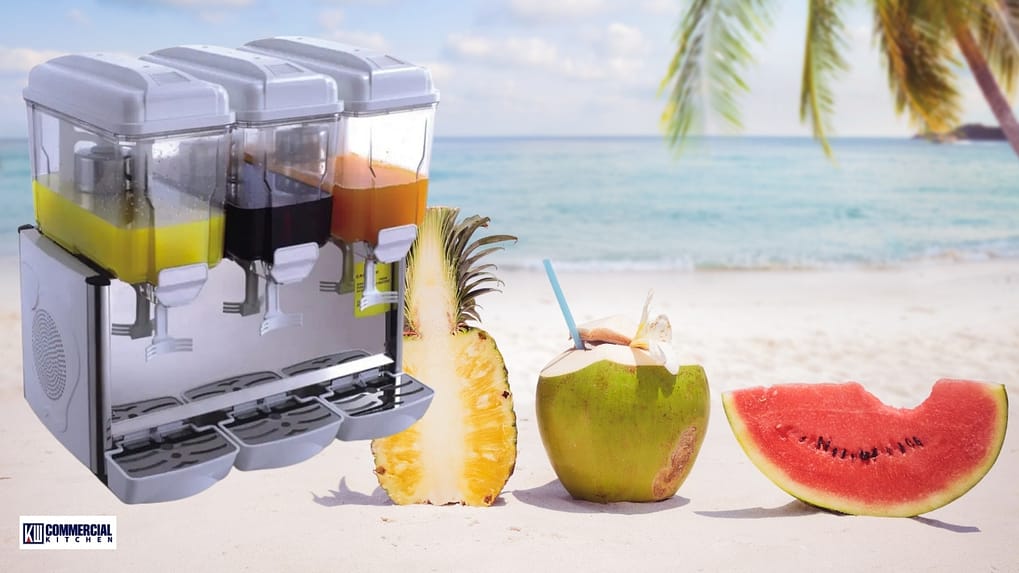 Triple‑tank commercial drink dispenser for chilled juices and iced tea, beach‑themed styling