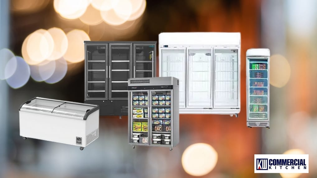 Upright glass door commercial display freezer filled with ice cream in an Australian convenience store