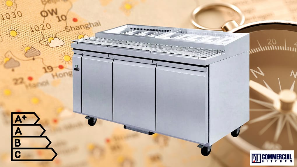 Three‑door stainless‑steel prep bench fridge with GN pan rail on castors; energy‑rating icon with weather‑map and compass background.