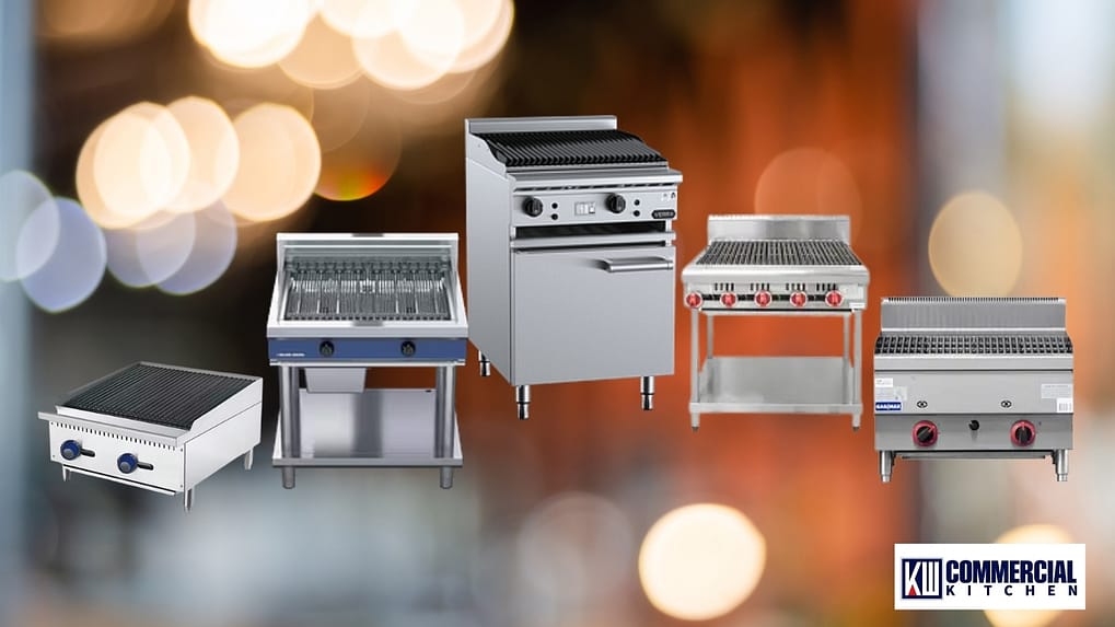 Chef grilling steaks and burgers on a commercial gas char grill in a busy Australian pub kitchen