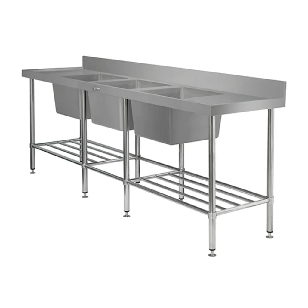 Simply Stainless SS24.7.2400.TB triple bowl sink bench with 2400mm width, 700mm depth, stainless steel splashback – Australia