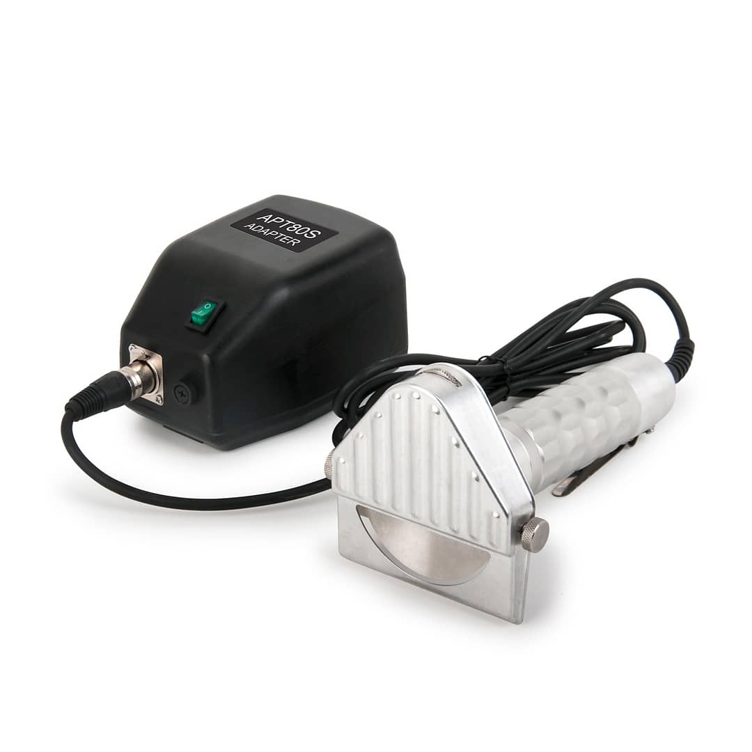 Yasaki KS80AS electric kebab knife with 80mm stainless blade, 230×315×125mm packed, 80W 240V, stainless steel – front view, Australia