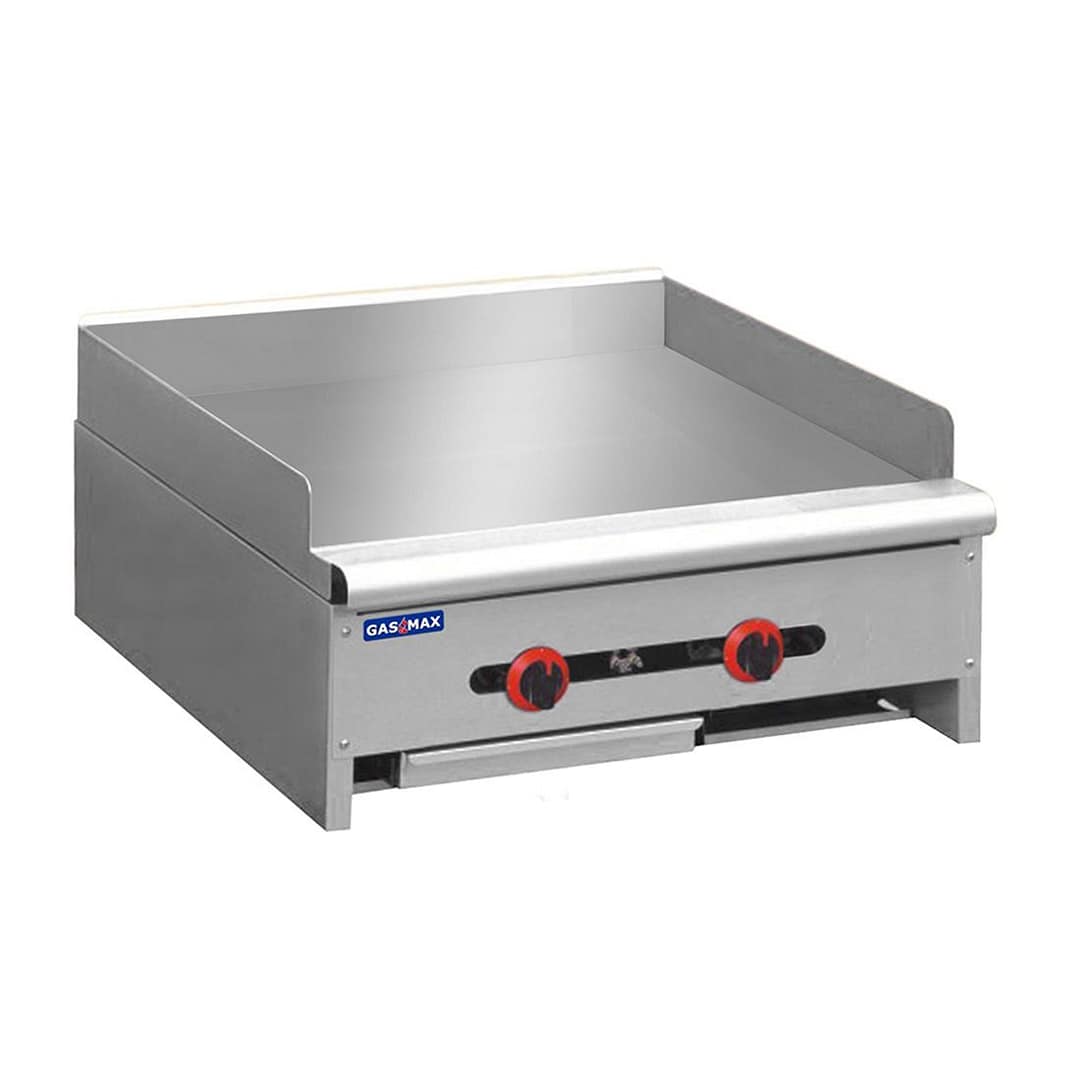 Gasmax RGT-24ELPG two-burner LPG griddle with 20mm plate, 610×850×420mm, 54MJ/h, stainless steel – three-quarter view, Australia