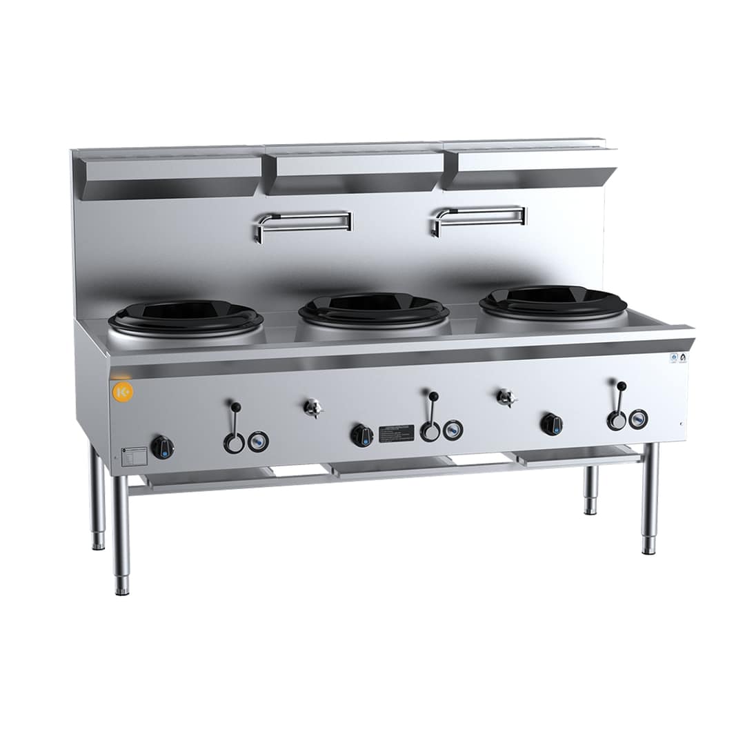 B+S K+ Series UFWWK-3 three hole deluxe waterless wok table 1800×840×1300 mm, 315 MJ/h NG, stainless steel – Australia