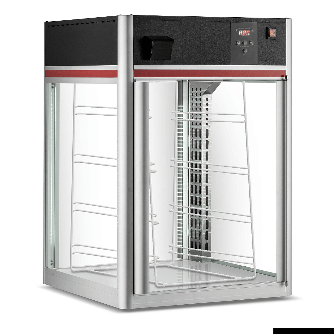 Bonvue HWD-158 digital pie and food warmer with humidity control, 570mm stainless steel, LED-lit square glass display – front view, Australia