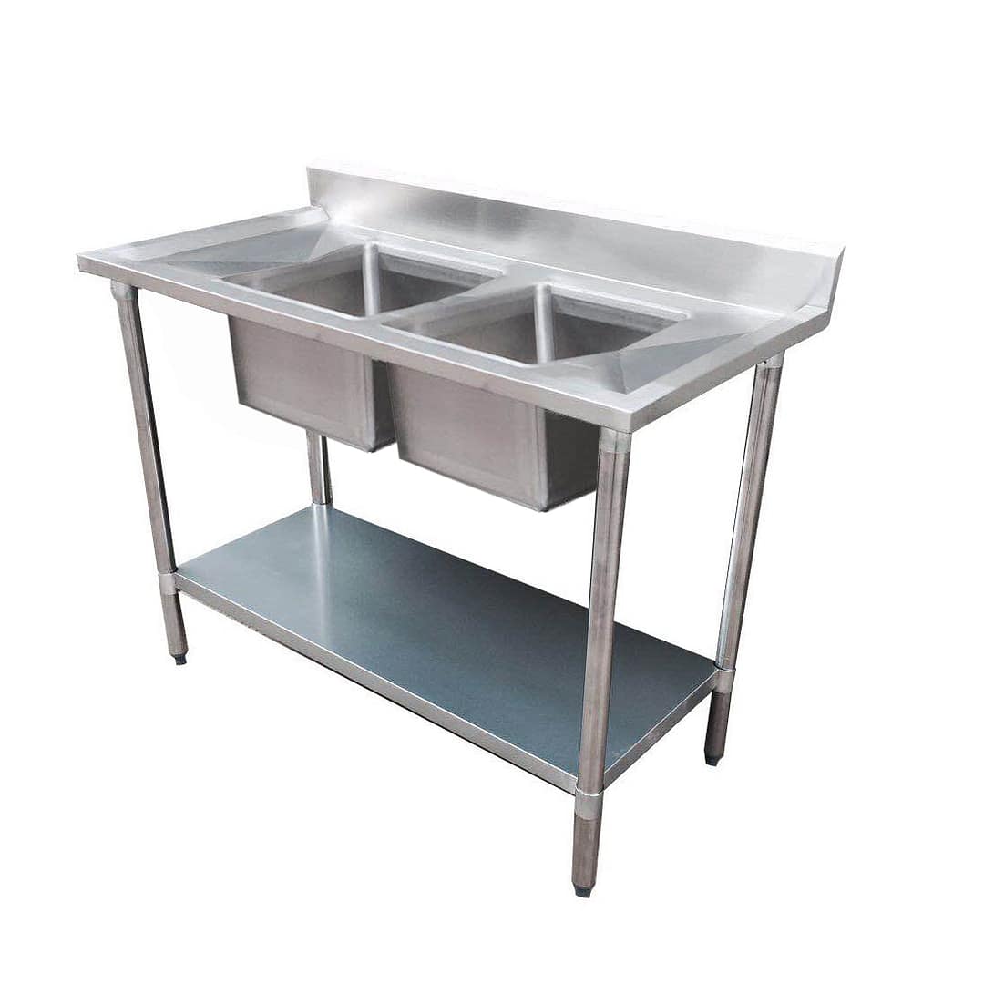 FED 1800-7-DSBC stainless steel double sink bench centre 1800×700×900 mm with splashback – front view Australia