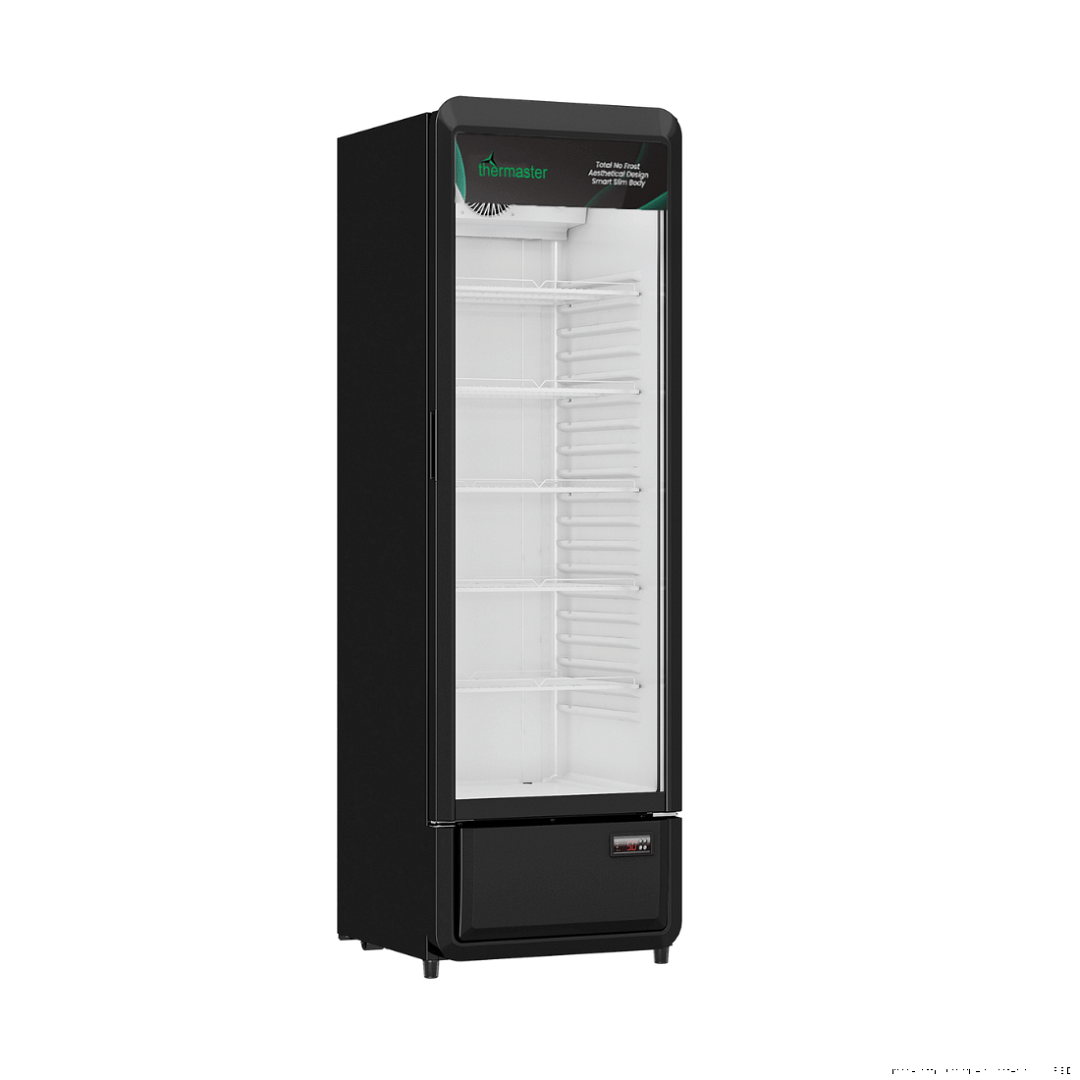 Thermaster SDC-258B upright glass door beverage fridge black steel body with LED lighting and digital controller, 540 mm, 240 V, 280 L – front view, Australia