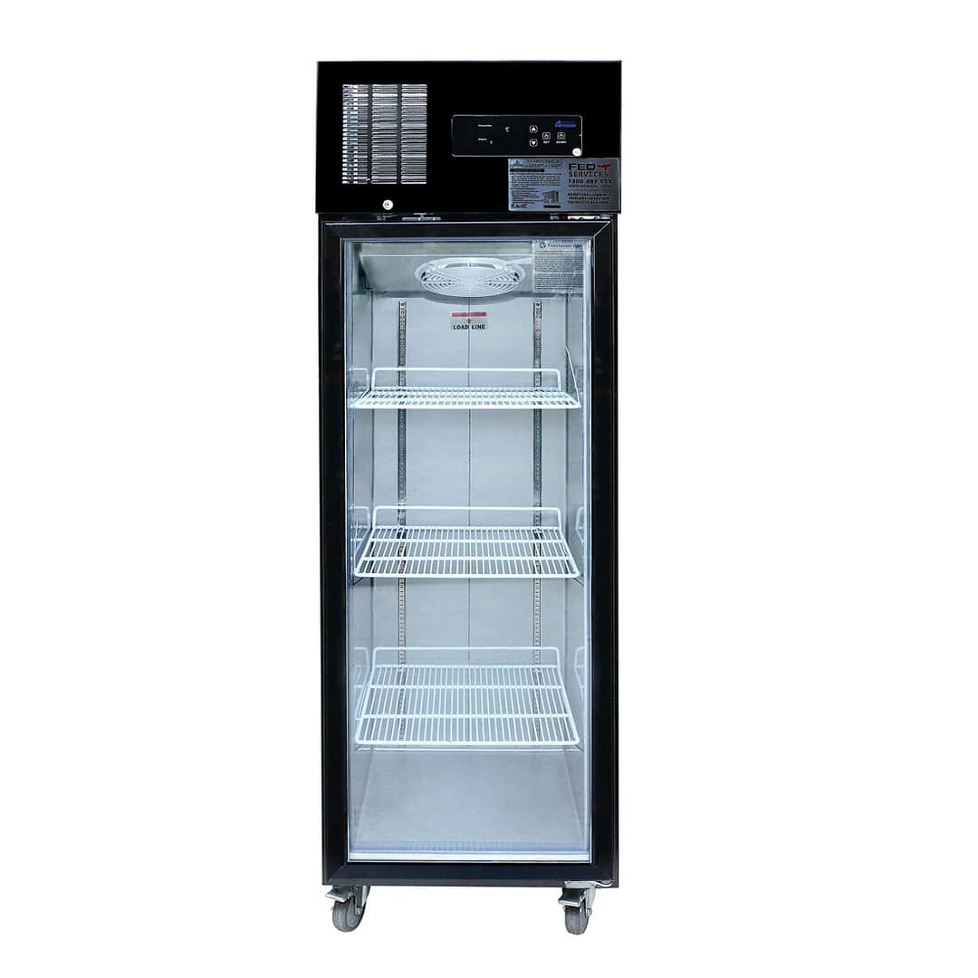 Used Thermaster Single Glass Door Upright Fridge Black Stainless Steel