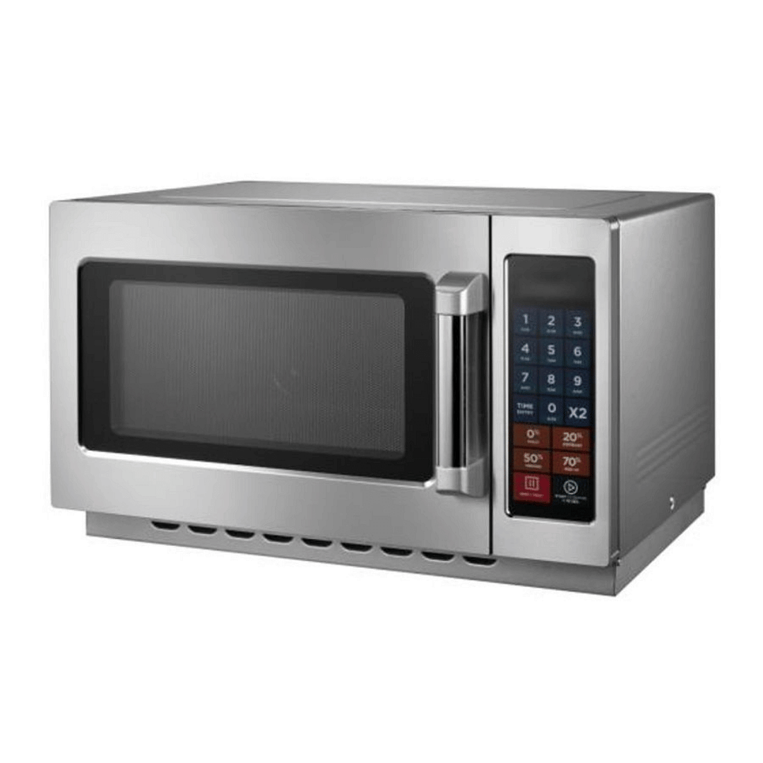 Benchstar MD-1400 stainless steel commercial microwave oven, 34L capacity, 1400W, stackable – front view, Australia
