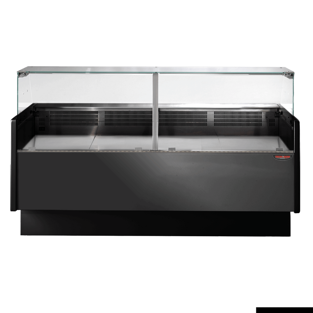 Tecnodom MR80 black deli display fridge with storage and castors, 2000mm wide, 0–4°C, glass front – front view, Australia