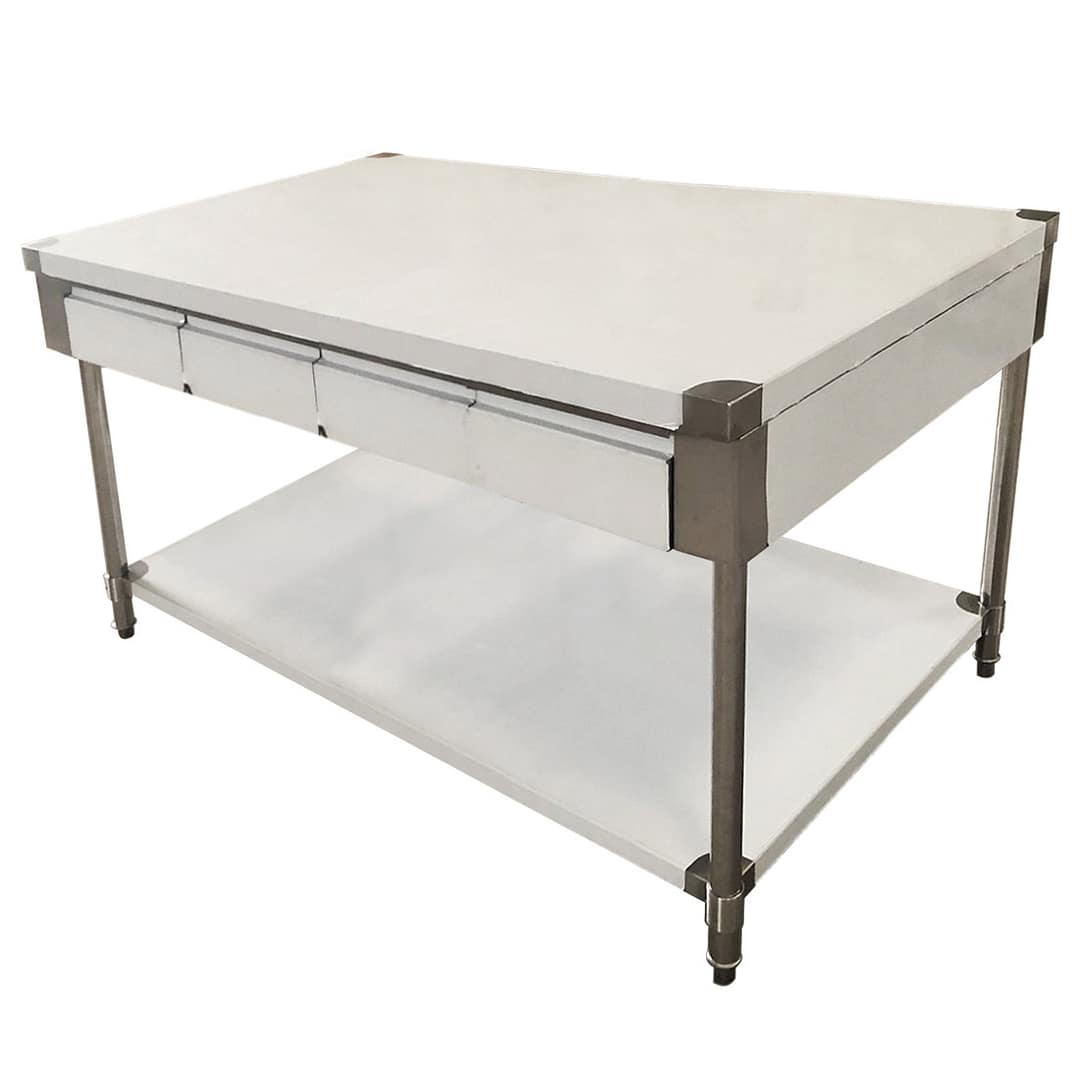 FED SWBD10-1800 stainless steel centre island workbench, 1800mm wide, with 8 drawers and undershelf – front view, Australia