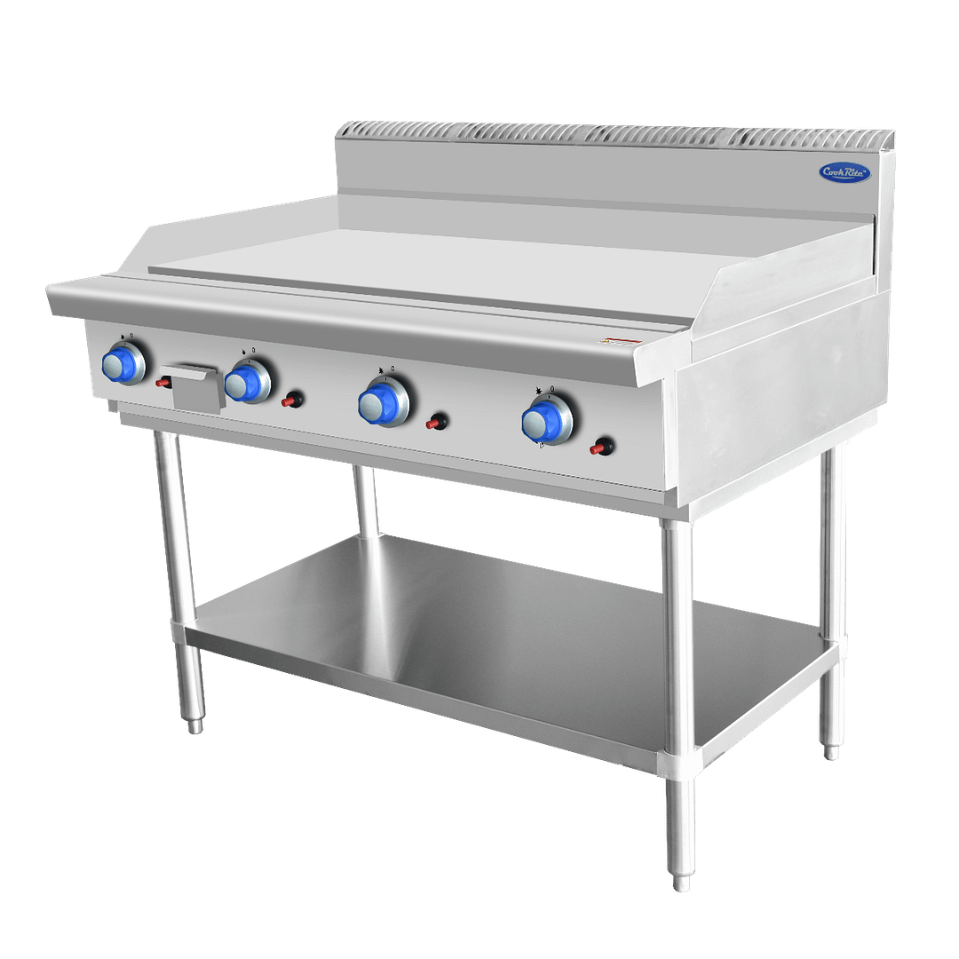 CookRite AT80G12G-F-NG 1200mm natural gas commercial hotplate, 100 MJ/h, stainless steel, 16mm plate, 4 burners, Australia