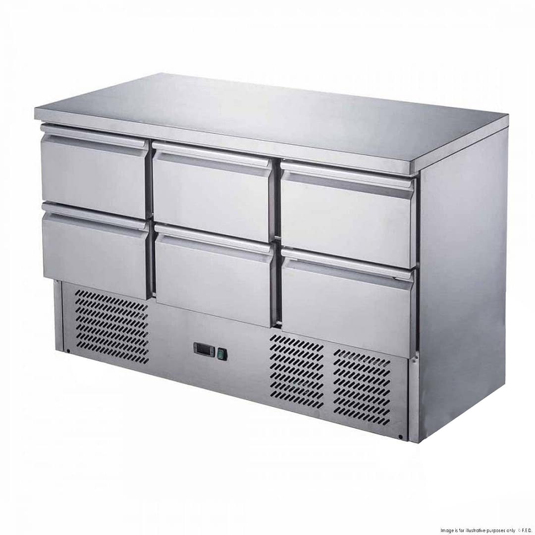 FED-X XGNS1300-6D Six Drawer Compact Stainless Steel Workbench Fridge, 368L