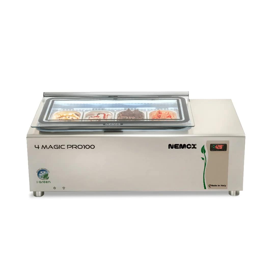 Nemox 4 Magic Pro100 I-Green gelato display freezer 4×2.5L R290 Italian stainless steel – KW Commercial Kitchen