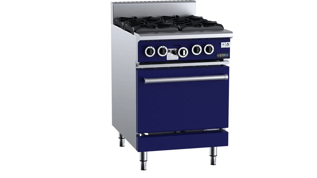 VERRO VOV-SB4 four burner gas oven range with 31MJ burners, 600mm wide, stainless steel, commercial kitchen, Australia