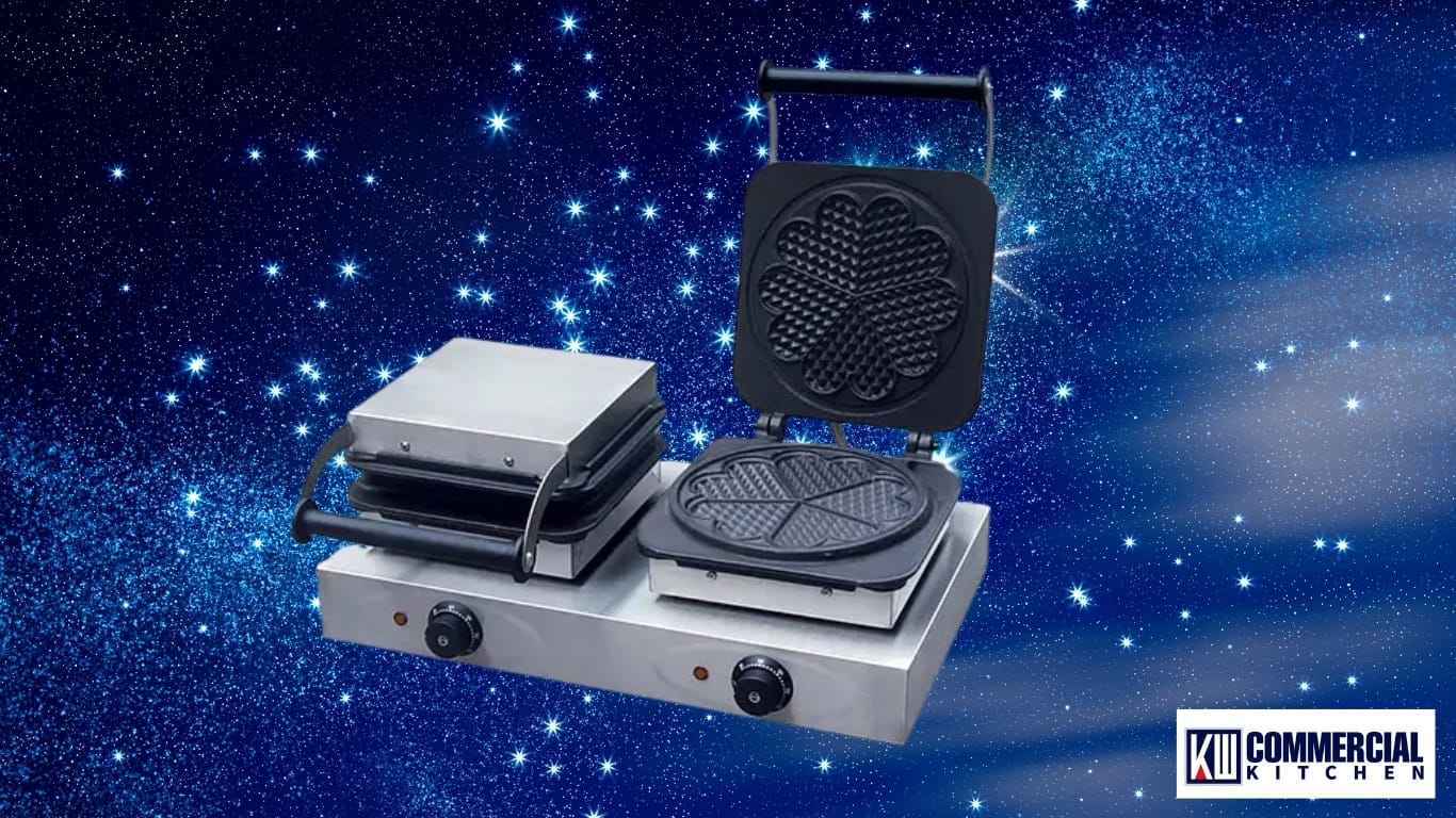 Double‑head commercial waffle maker with open plates showing deep heart‑grid pattern