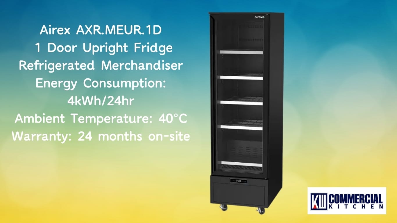 Airex AXR.MEUR.1D 1 Door Upright Refrigerated Merchandiser
Energy Consumption: 4kWh/24hr.
Total Connected Load: 0.46kW.