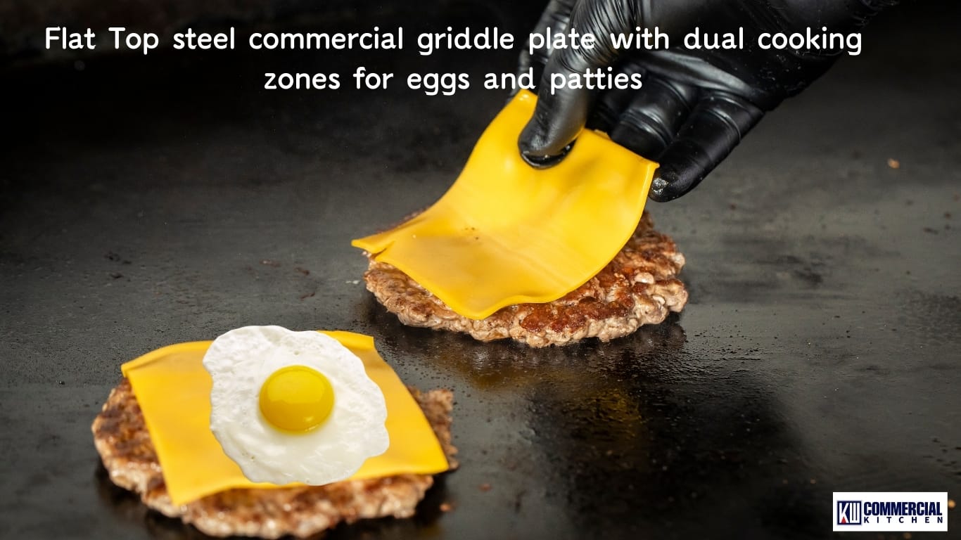 Flat top Steel Commercial griddle plate with dual cooking zones for eggs and patties