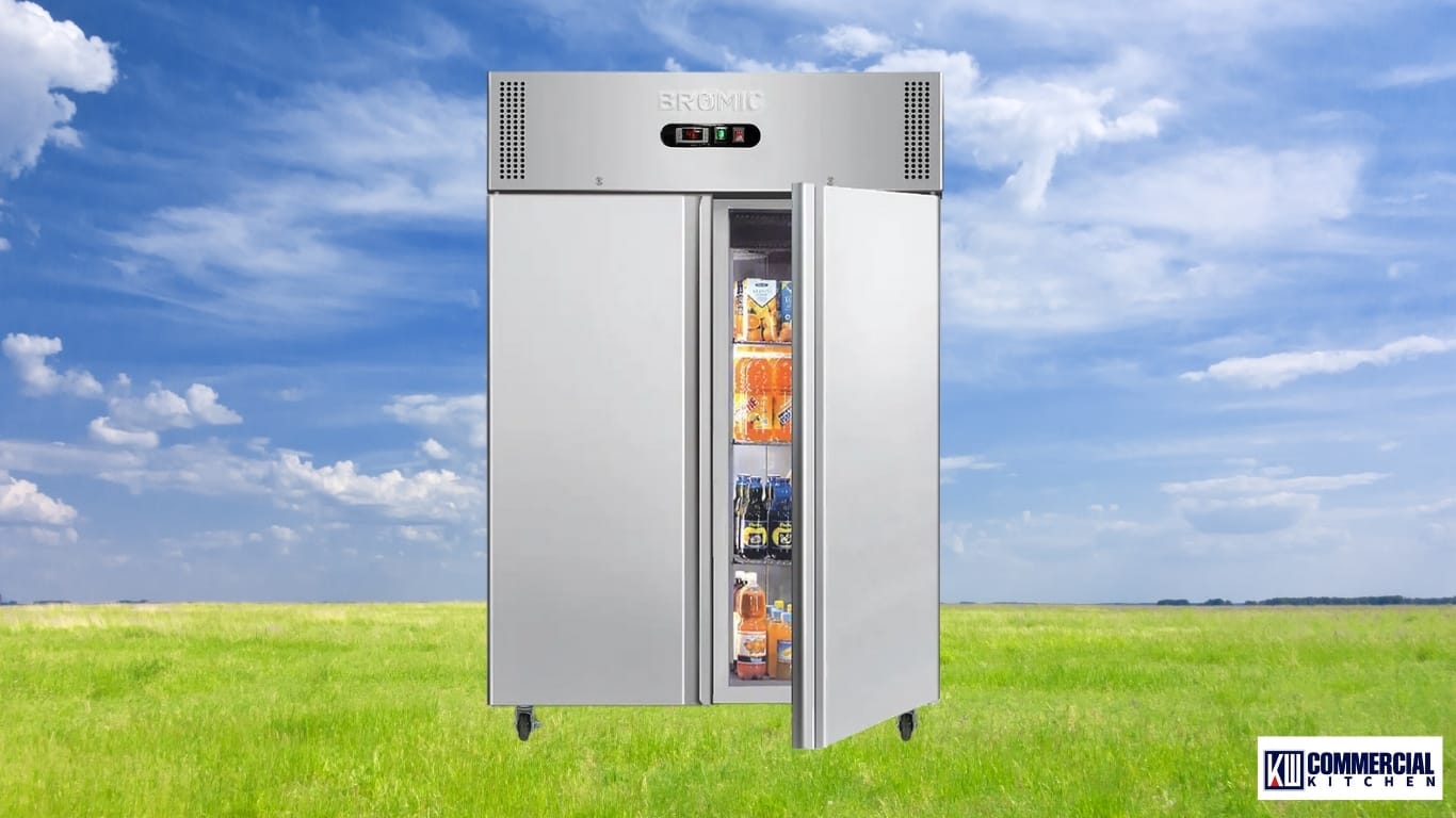 Two‑door stainless commercial upright freezer with one door open showing product