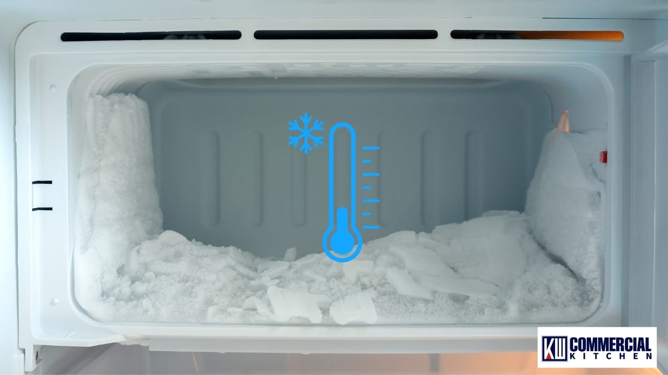 Heavy frost inside a freezer compartment with thermometer icon—signs of airflow or defrost issues affecting temperature control.