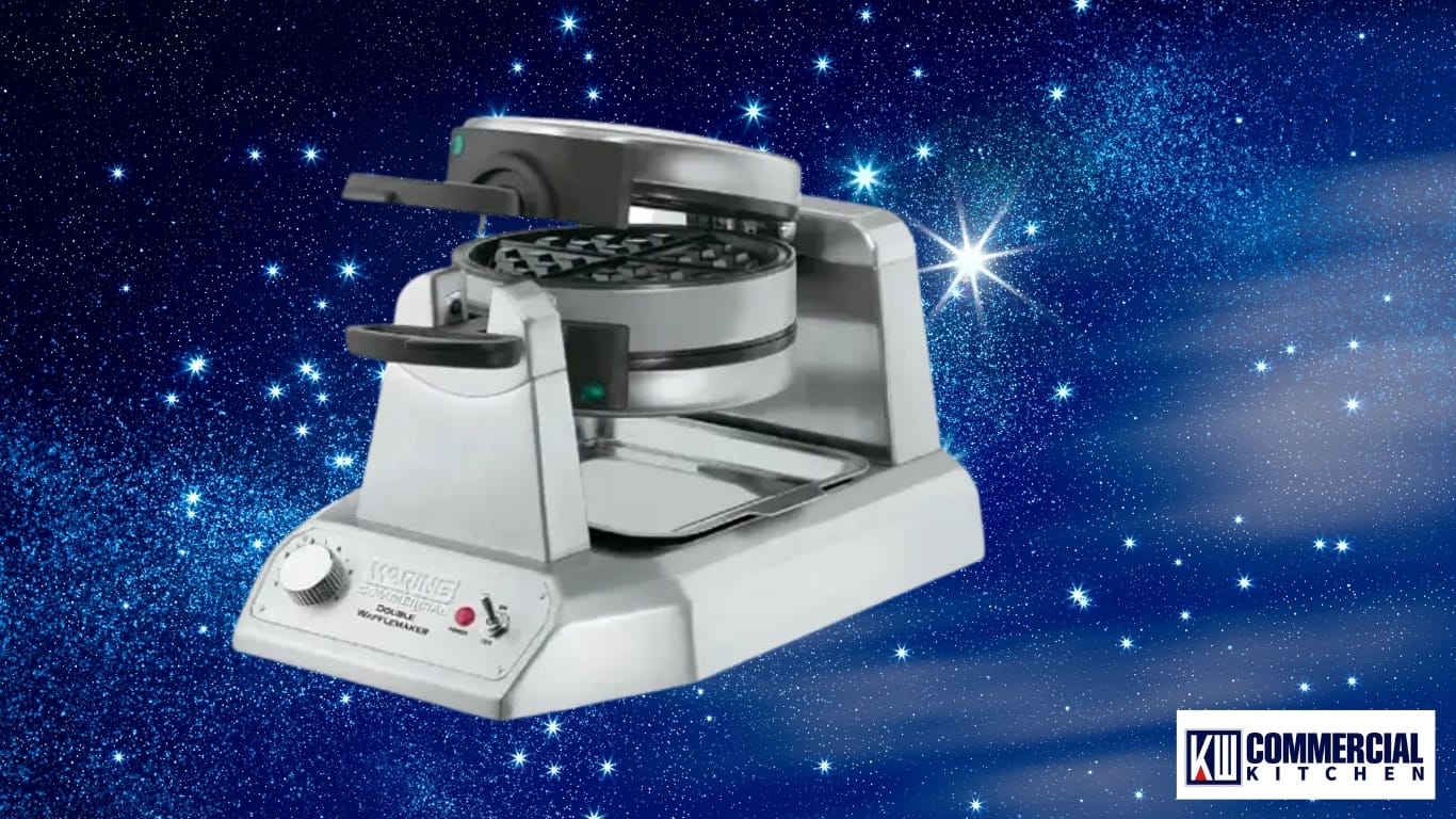 Commercial double rotary waffle maker with flip mechanism and drip tray