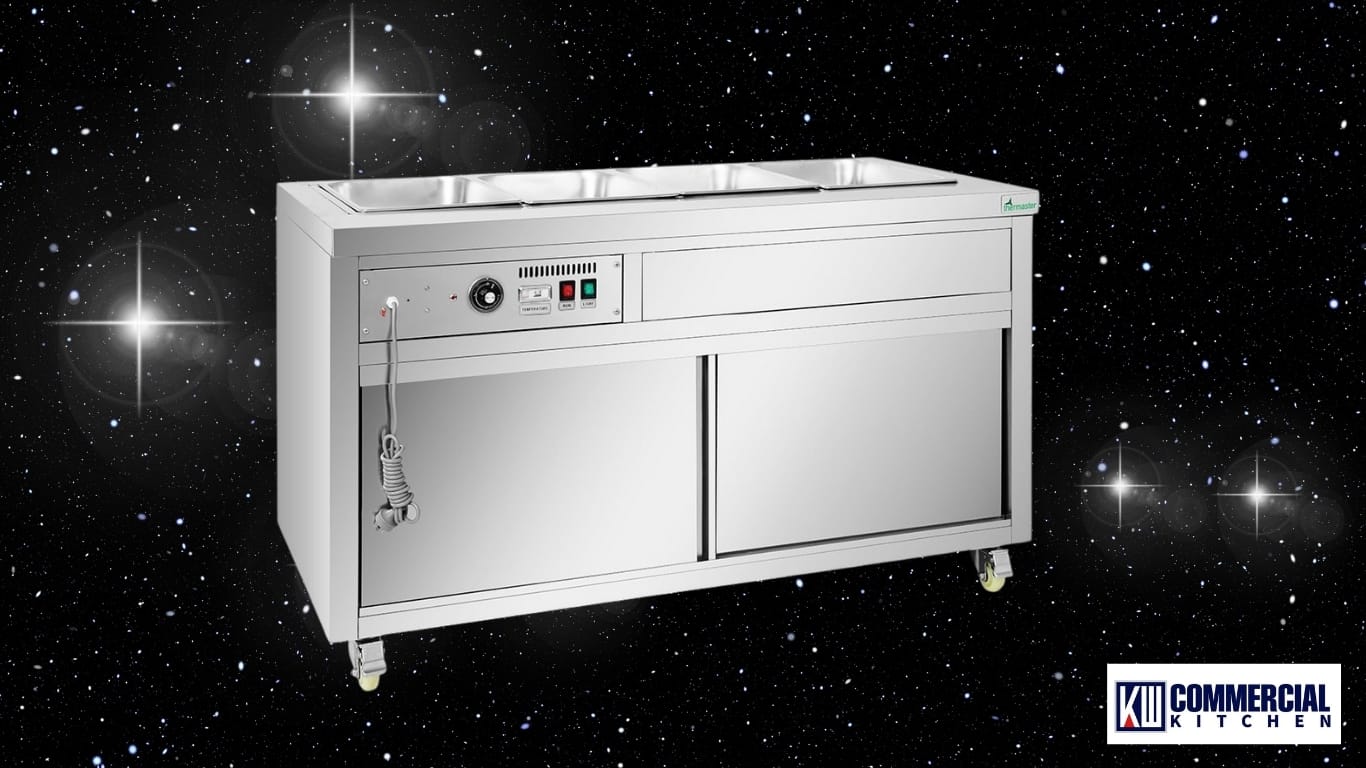 Freestanding bain marie hot food well with storage base, controls and castors