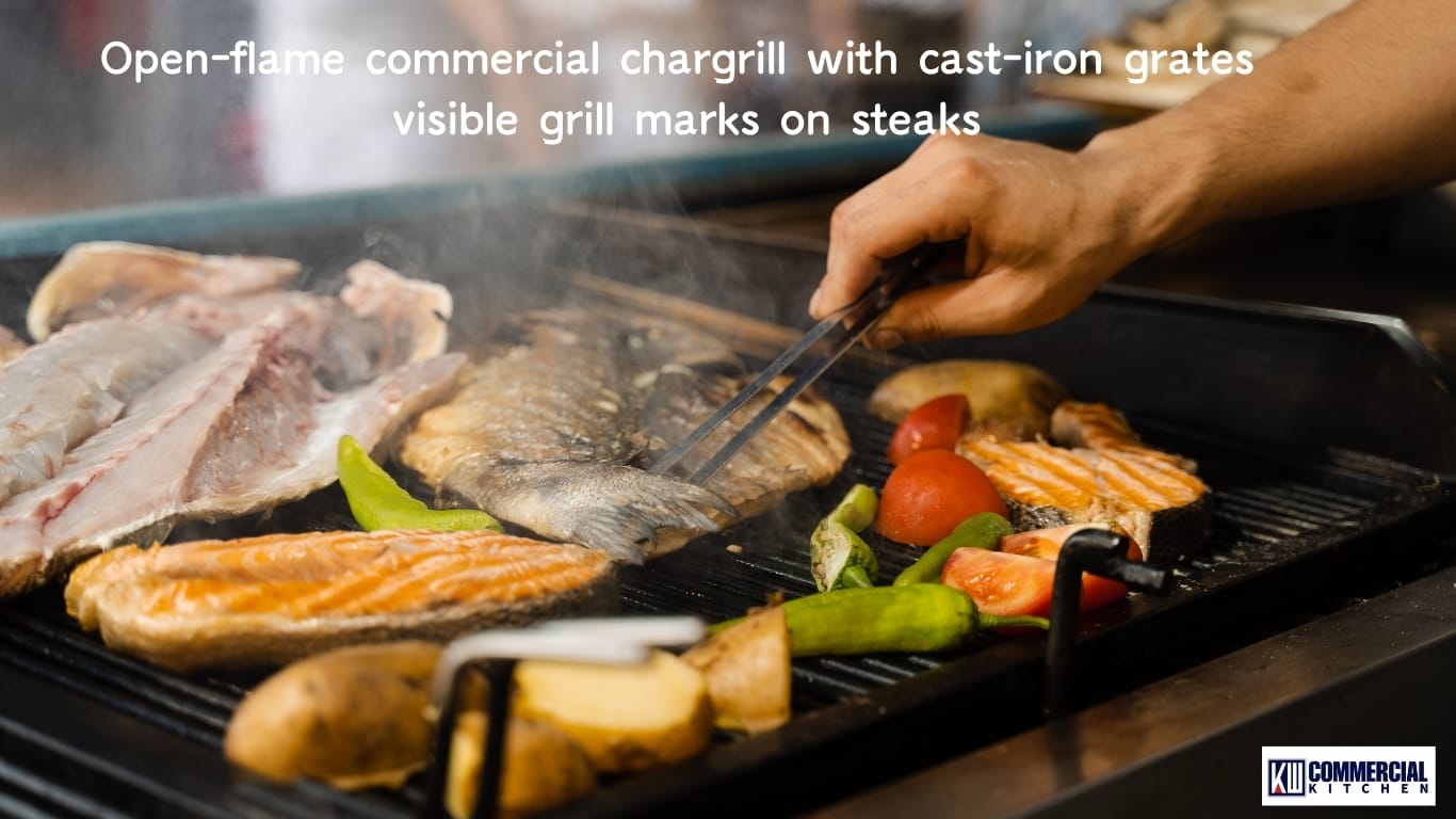 Open-flame commercial chargrill with cast-iron grates and visible grill marks on steaks