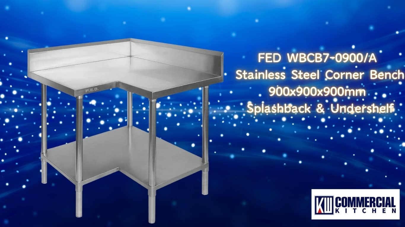 FED WBCB7-0900/A Stainless Steel Corner Workbench – 900x900mm with Splashback & Undershelf