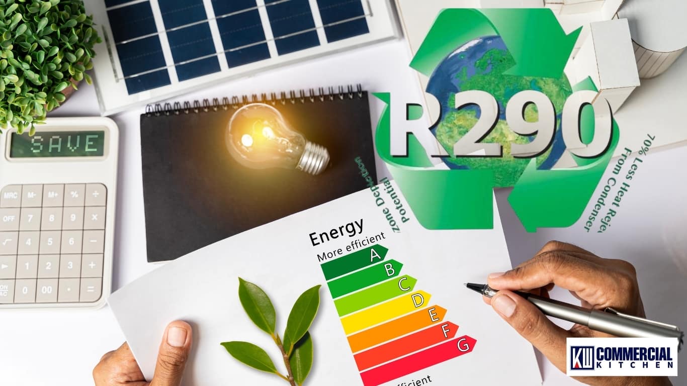 R290 propane refrigerant graphic with energy-rating scale, sustainability icons and cost-saving theme for Australian commercial refrigeration.