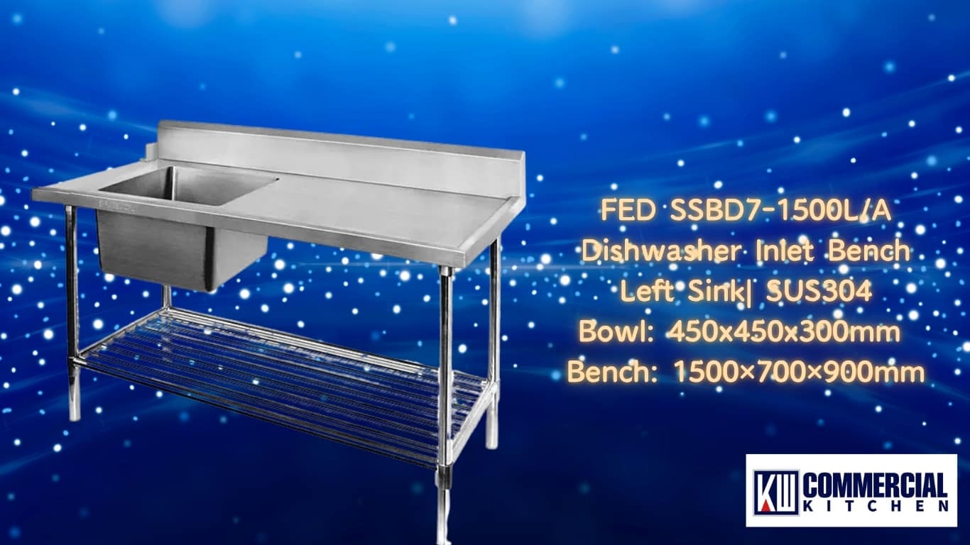 FED SSBD7-1500L/A Dishwasher Inlet Bench – 1500mm, Left Sink, SUS304