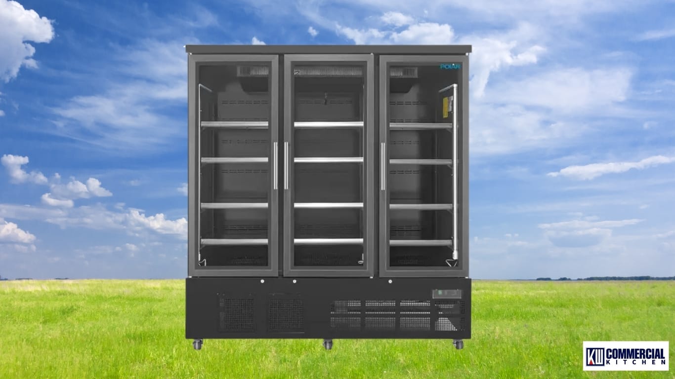 Triple glass‑door upright display freezer with panoramic shelving