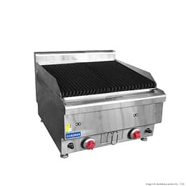 Gasmax JUS-TRH60ELPG benchtop 2 burner LPG chargrill, 600mm, 56MJ/h, stainless steel – front view, Australia