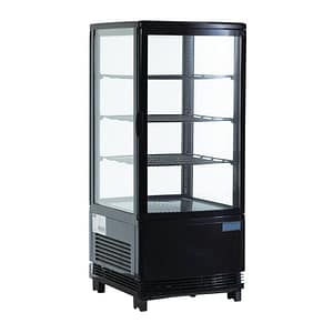 Polar CX577-A C-Series countertop display fridge 68L black with LED lighting, glass sides – front view, Australia