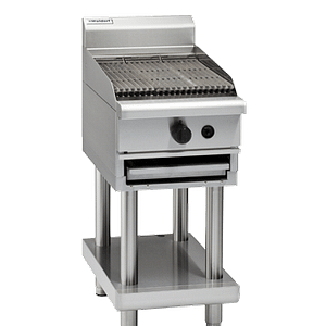 Waldorf CH8450G-LS 450 mm gas chargrill with 48 MJ burner on leg stand, stainless steel body – front view, Australia