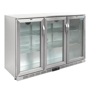 Polar GL009-A G-Series stainless steel back bar cooler 1350×520×900 mm, 330 L, hinged double-glazed doors, 2–8°C, LED lighting – front view, Australia