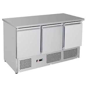 Thermaster GNS1300B three door workbench fridge with 400L storage, 1368mm, stainless steel – front view, Australia