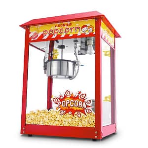 Kitchen Knock 392846 popcorn machine, 560mm wide, 1.5kW, stainless steel frame with internal lighting – front view, Australia