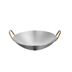 Stainless Steel Asian Style Shallow Wok 11-inch with Golden Handles - 408096