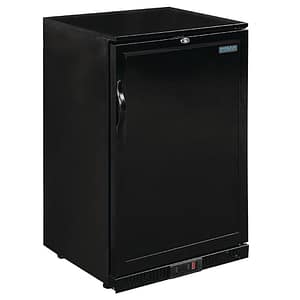 Polar GL015-A G-Series single solid hinged door back bar cooler, 108-bottle capacity, black steel, 600mm wide – front view, Australia