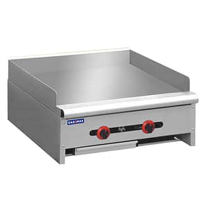 Gasmax RGT-24E two burner natural gas griddle, 610mm wide, stainless steel body with removable plate, 56MJ/h output – front view, Australia