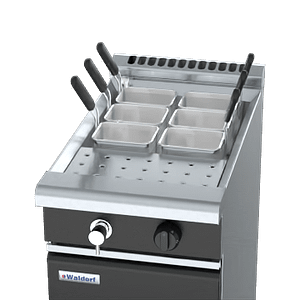 The Waldorf Bold PCLB8140G Gas Pasta Cooker features a patented 47MJ/hr infra-red burner, black enamel body, and stainless steel open pan. Ideal for stylish, high-performance pasta production in Australian commercial kitchens.