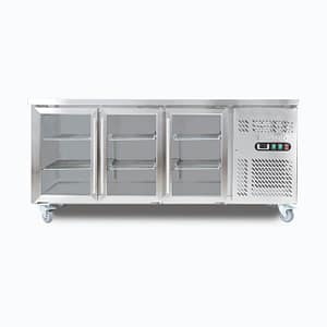 Bromic UBC1795GD-NR glass door underbench fridge, 3 doors, 1795mm wide, LED lighting, stainless steel bar fridge, Australia.