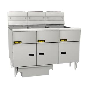 Anets FDAGG314R Goldenfry 3-bank gas fryer with filter drawer system, 1191×876×1172 mm, 387 MJ/h stainless steel – three-quarter view, USA-built, Australia