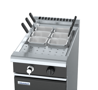 The Waldorf Bold PCLB8140G Gas Pasta Cooker features a patented 47MJ/hr infra-red burner, black enamel body, and stainless steel open pan. Ideal for stylish, high-performance pasta production in Australian commercial kitchens.