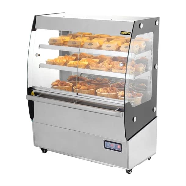 Apuro HW922-A freestanding heated multideck, 200L, 1000×592×1253 mm, 2kW, 30–80°C, stainless steel & glass – three-quarter view, Australia