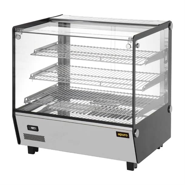 Apuro HW923-A 120L square heated display merchandiser, 678×568×686 mm, 1.1 kW, 30–90°C, stainless steel & glass – three-quarter view, Australia
