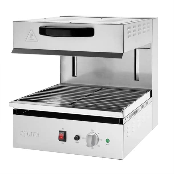 Apuro HX584-A rise and fall salamander grill, 450×500 mm, 2.8kW electric, stainless steel, adjustable height – three-quarter view, Australia