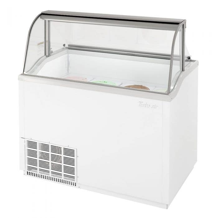 Turbo Air TIDC-47W curved glass ice cream display cabinet with 12 tub capacity, ideal for gelato and dessert service