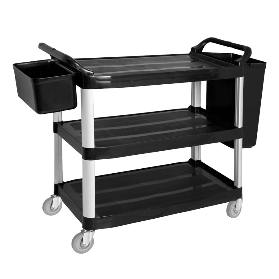 FED JD-UC340 polypropylene 3-tier utility trolley with extra and cutlery bin – front view Australia